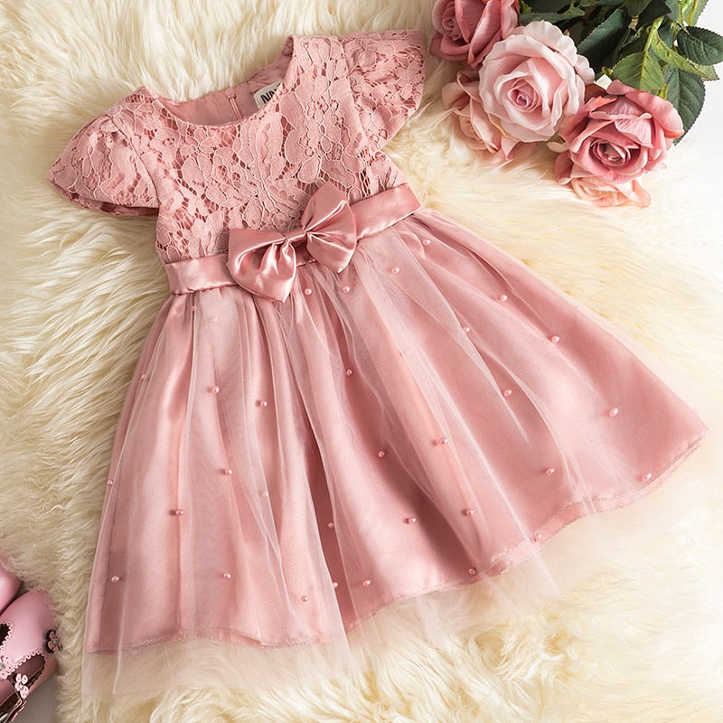 Vestido de Festa Infantil Laço e Pérolas vestido Loja Click Certo Rosa 4-6 meses 