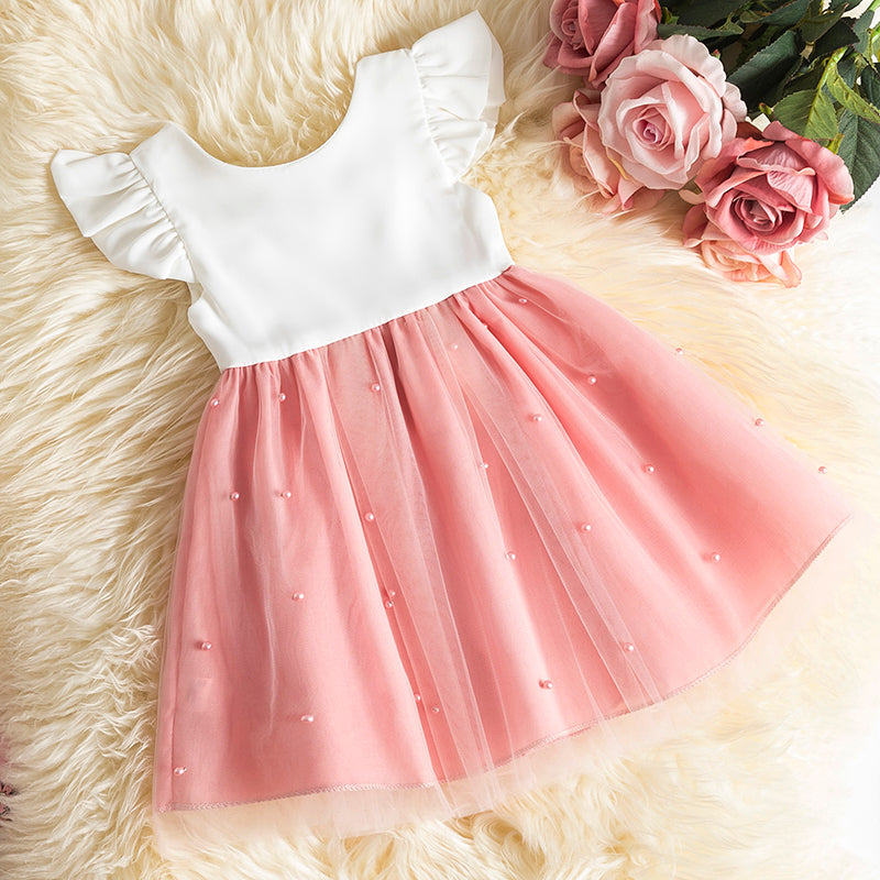 Vestido de Festa Infantil Laço e Pérolas vestido Loja Click Certo Rosa e Branco 4-6 meses 