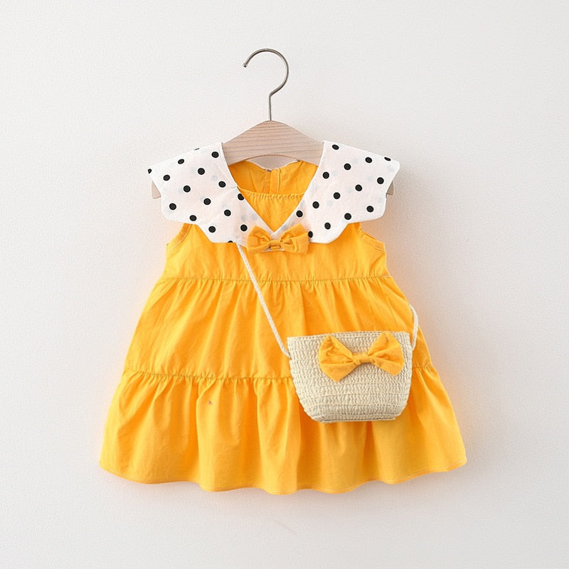 Vestido Gola Poá com Bolsinha Vestido Loja Click Certo Amarelo 4-6 Meses -Tamanho Bebê 73CM 