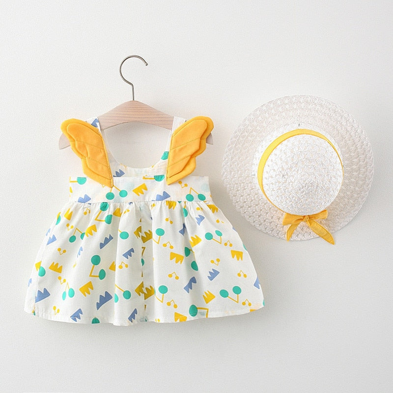 Vestido Infantil Asas de Anjo + Chapéu vestido Loja Click Certo Amarelo 4-6 Meses 