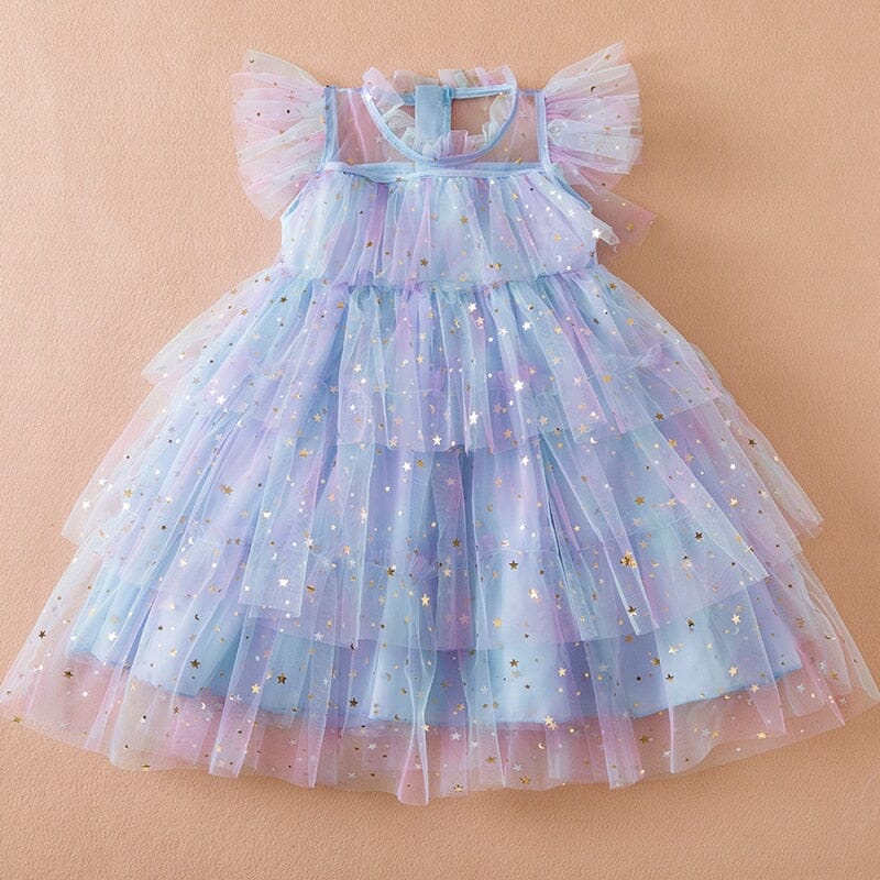 Vestido Infantil Babados Tule Estrelinhas Loja Click Certo 