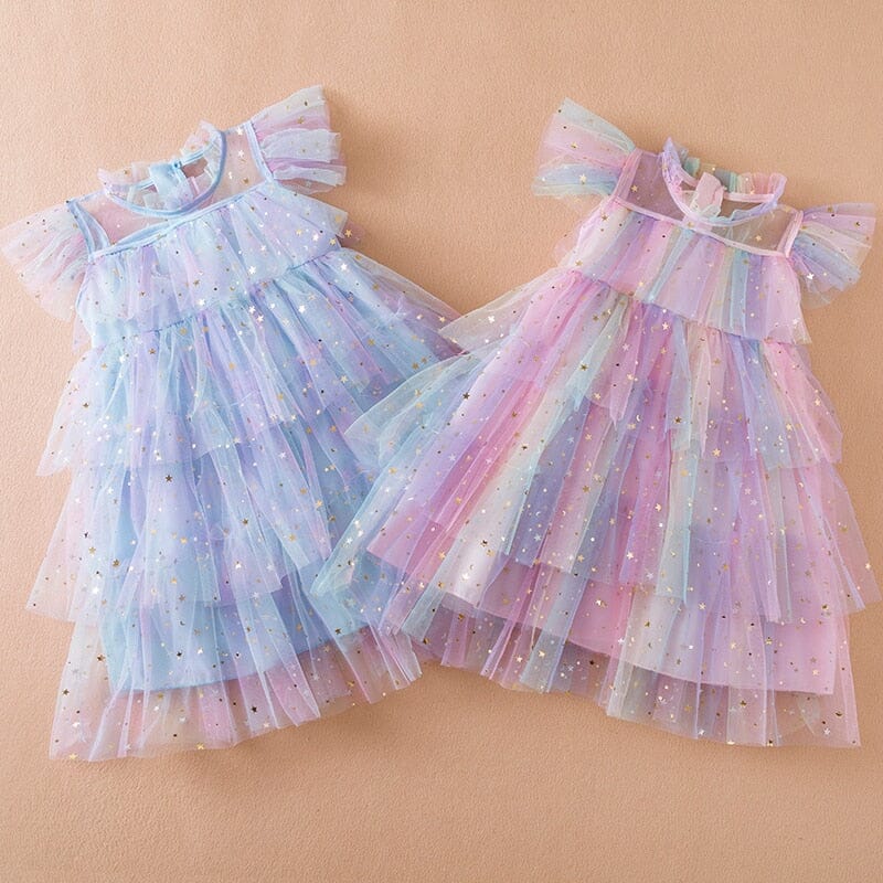 Vestido Infantil Babados Tule Estrelinhas Loja Click Certo 