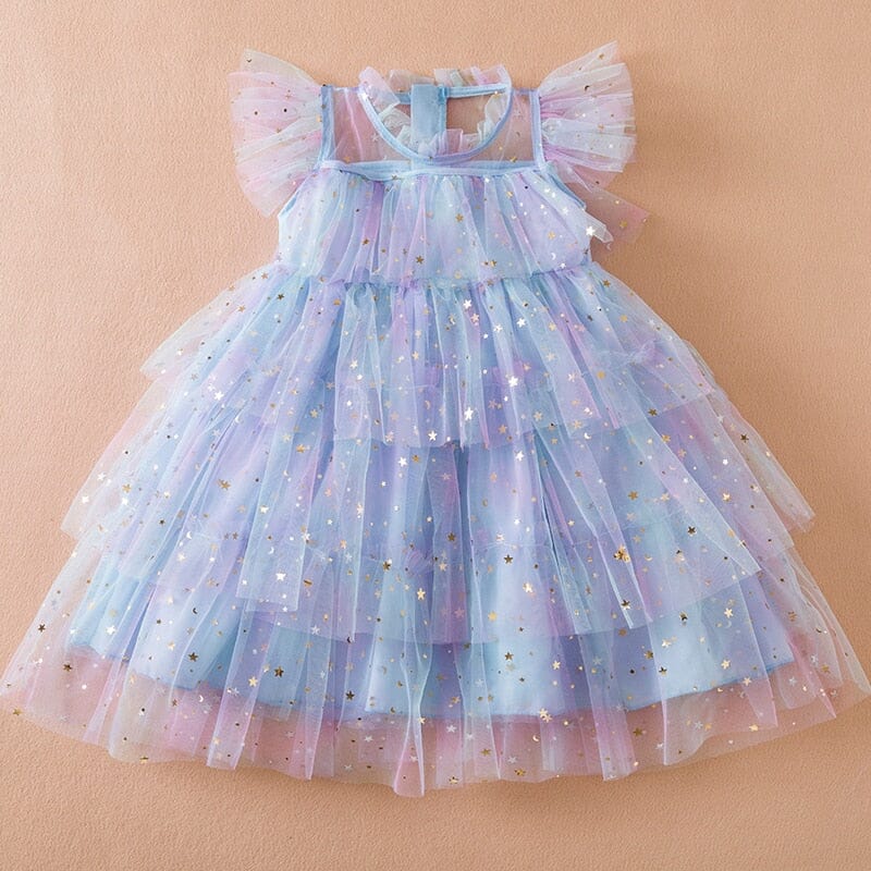 Vestido Infantil Babados Tule Estrelinhas Loja Click Certo Azul 2-3 Anos 