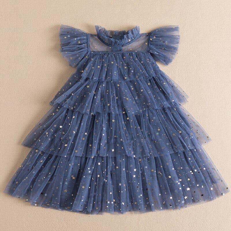 Vestido Infantil Babados Tule Estrelinhas Loja Click Certo Azul Escuro 2-3 Anos 