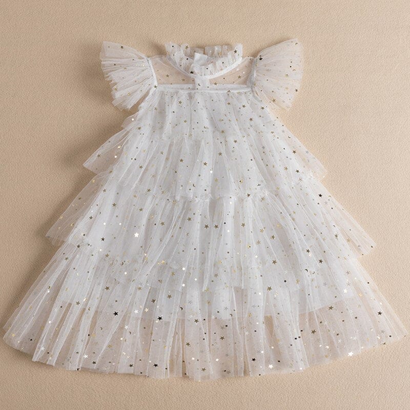 Vestido Infantil Babados Tule Estrelinhas Loja Click Certo Branco 2-3 Anos 