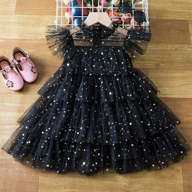 Vestido Infantil Babados Tule Estrelinhas Loja Click Certo Preto 2-3 Anos 