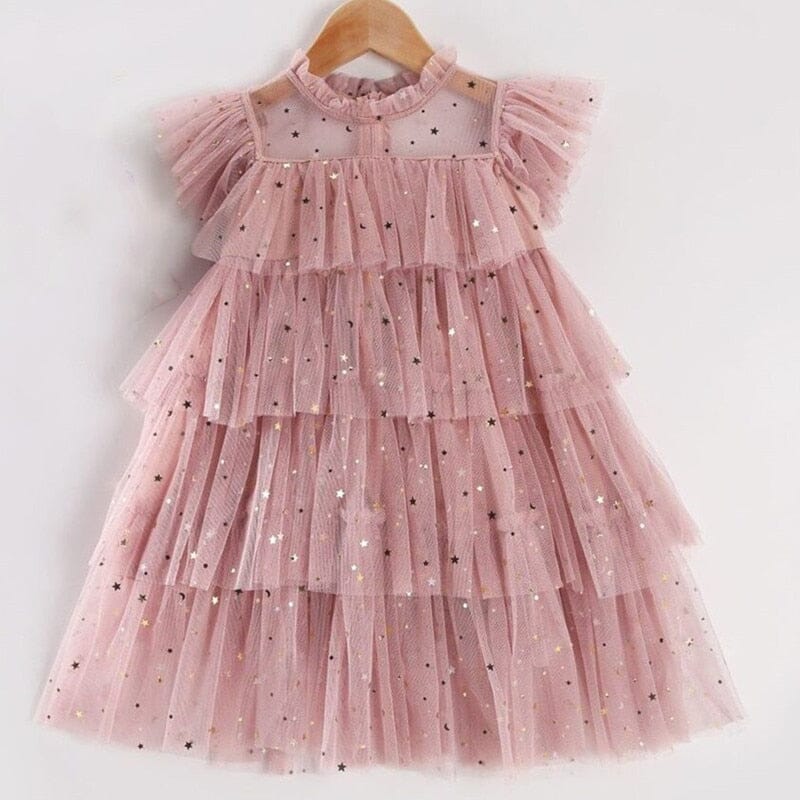 Vestido Infantil Babados Tule Estrelinhas Loja Click Certo Rosa 2-3 Anos 