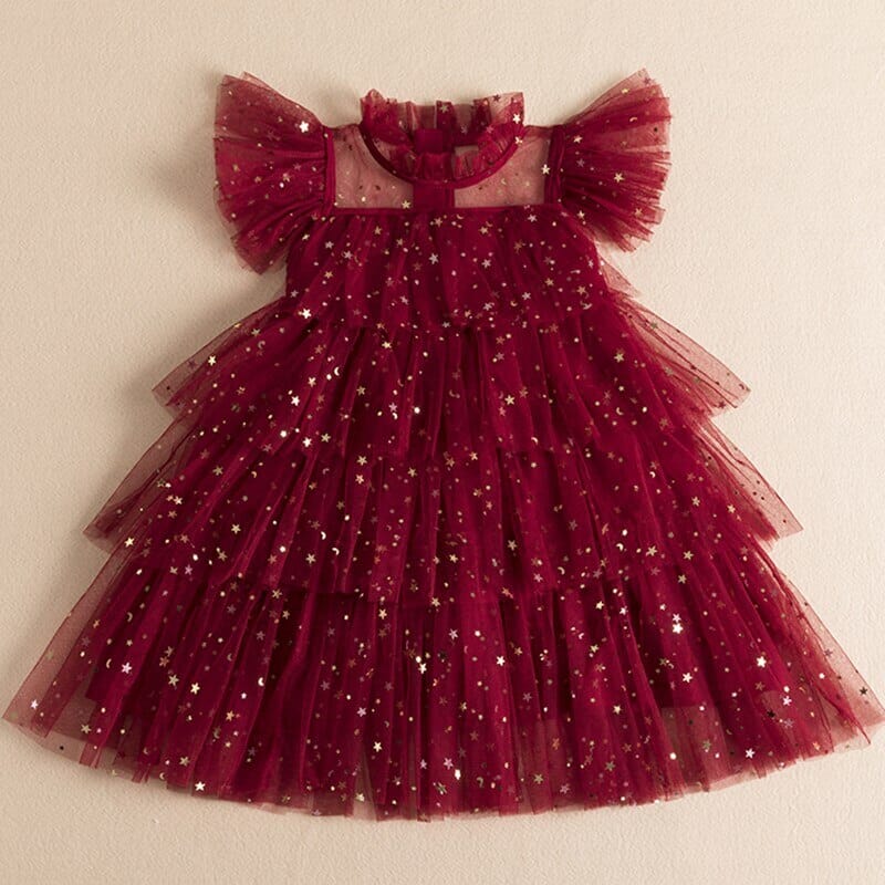 Vestido Infantil Babados Tule Estrelinhas Loja Click Certo Vermelho 2-3 Anos 
