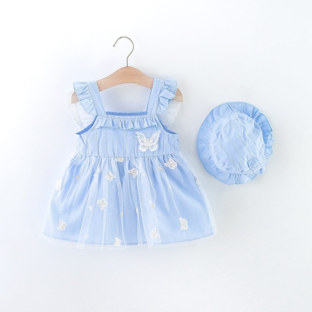 Vestido Infantil Borboletas + Chapéu Loja Click Certo Azul 9-12 Meses 