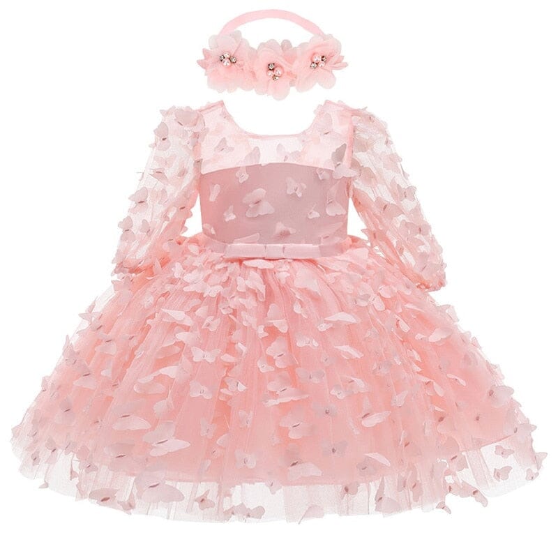 Vestido Infantil Borboletinhas + Faixa Loja Click Certo Rosa 0-3 Meses 