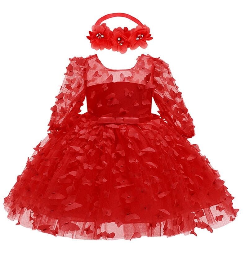 Vestido Infantil Borboletinhas + Faixa Loja Click Certo Vermelho 0-3 Meses 