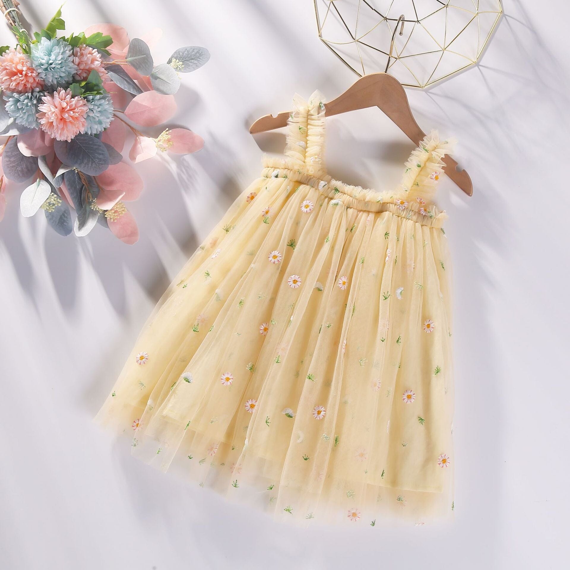 Vestido Infantil Bordado e Tule Loja Click Certo Amarelo Florzinhas 6-12 Meses 