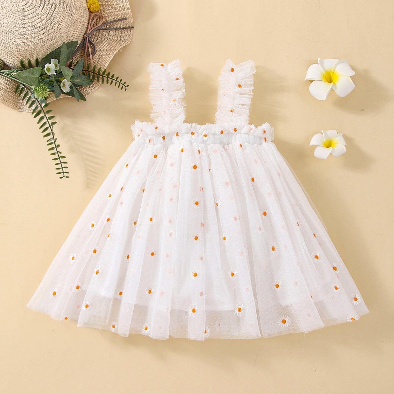 Vestido Infantil Bordado e Tule Loja Click Certo Branco Margaridas 6-12 Meses 