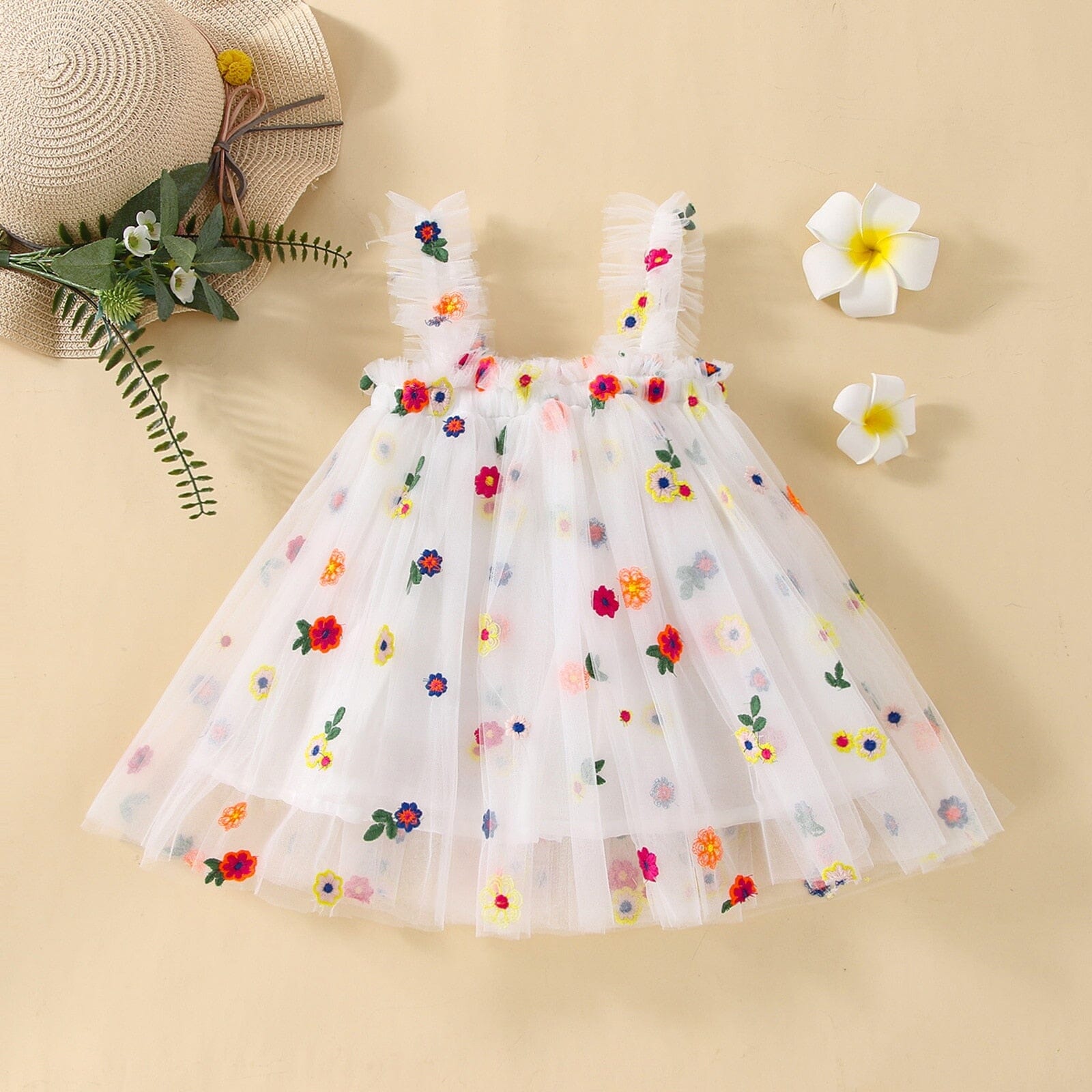 Vestido Infantil Bordado e Tule Loja Click Certo Florzinhas Coloridas 6-12 Meses 