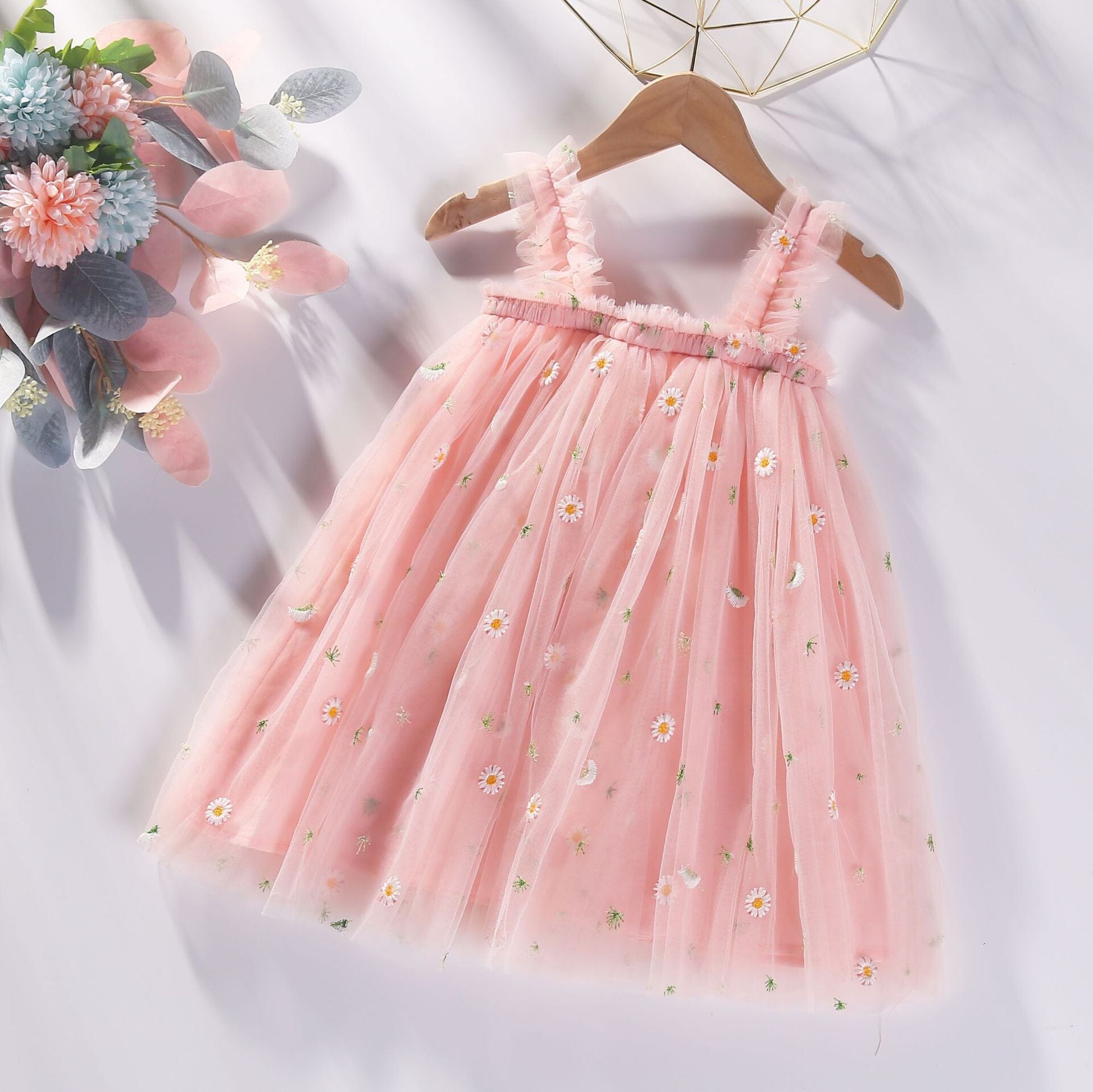 Vestido Infantil Bordado e Tule Loja Click Certo Rosa Margaridas 6-12 Meses 