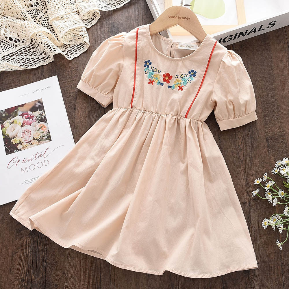 Vestido Infantil Bordado Flores conjunto Loja Click Certo Bege 1-2 Anos 