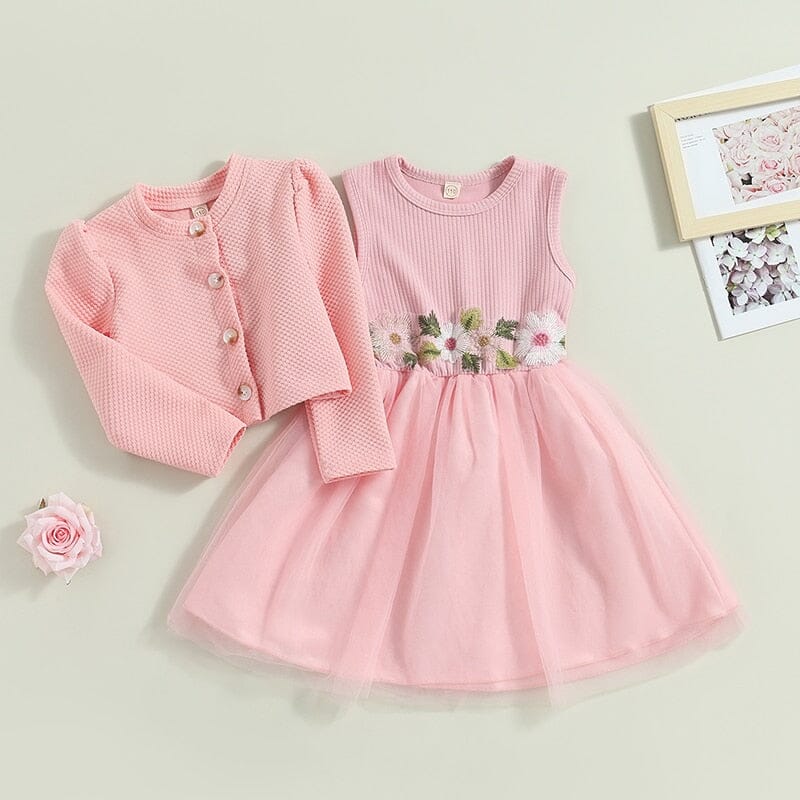 Vestido Infantil Bordado Florzinhas + Jaqueta Loja Click Certo 