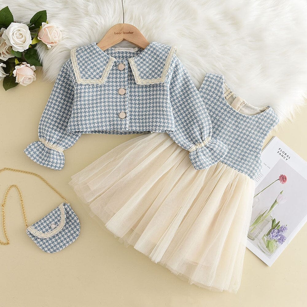 Vestido Infantil + Cardigan + Bolsa Golinha e Tule 0 Loja Click Certo Azul 1-2 Anos 