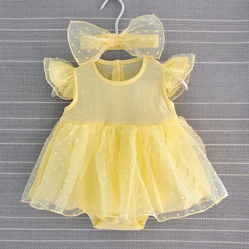 Vestido Infantil Delicado + Faixa Loja Click Certo Amarelo 0-3 Meses 