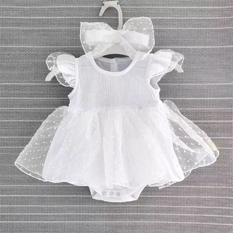 Vestido Infantil Delicado + Faixa Loja Click Certo Branco 0-3 Meses 