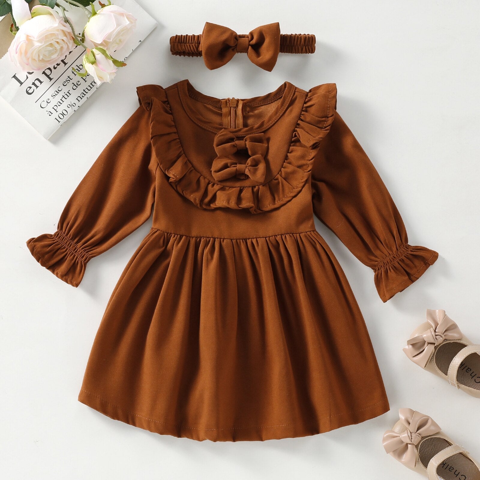 Vestido Infantil Delicado + Faixa Loja Click Certo Marrom 1-2 anos 45cm 