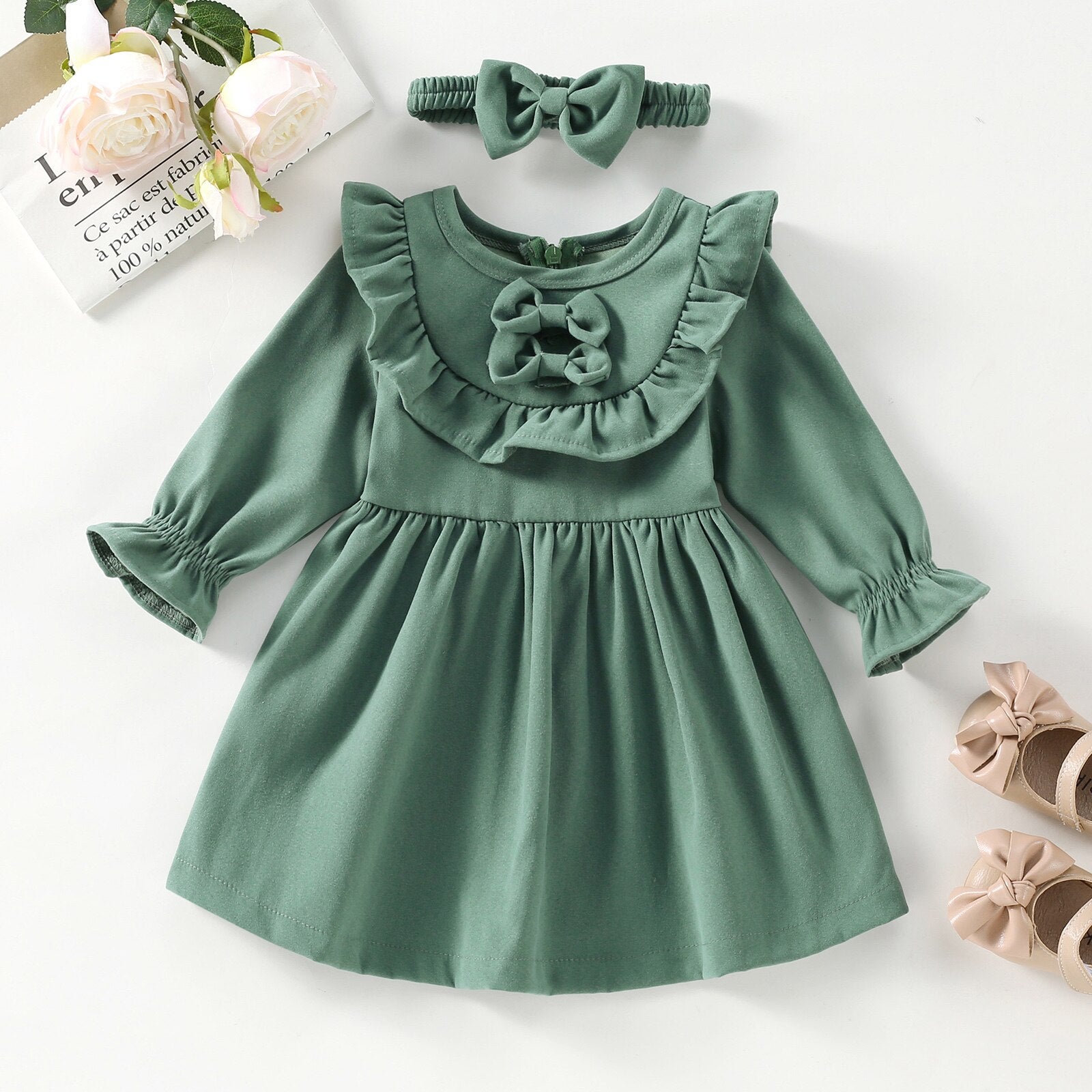 Vestido Infantil Delicado + Faixa Loja Click Certo Verde 1-2 anos 45cm 