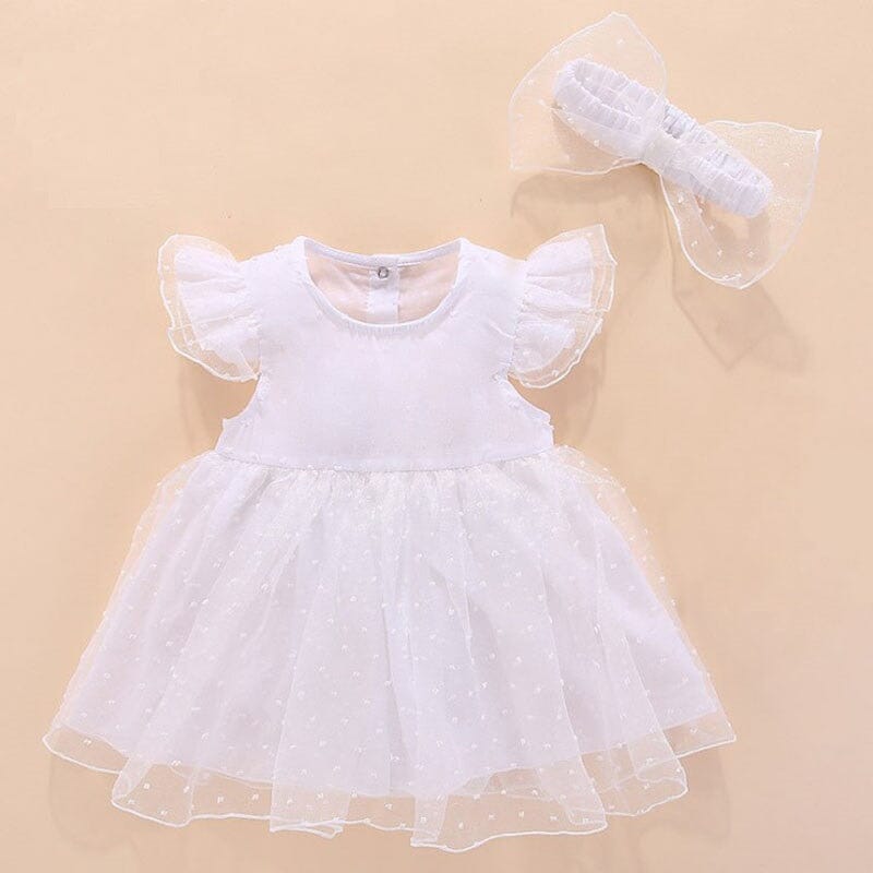 Vestido Infantil Detalhes + Faixa Laço Loja Click Certo Branco 0-3 Meses 