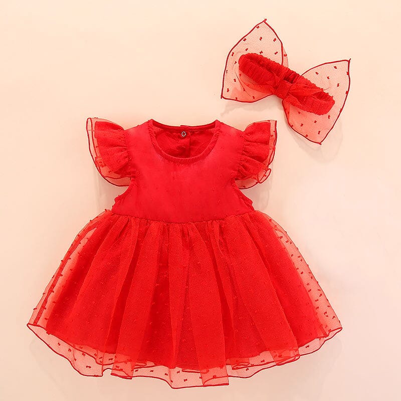 Vestido Infantil Detalhes + Faixa Laço Loja Click Certo Vermelho 0-3 Meses 