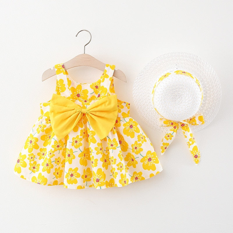 Vestido Infantil Floral e Laço + Chapéu vestido Loja Click Certo Amarelo 4-6 meses 