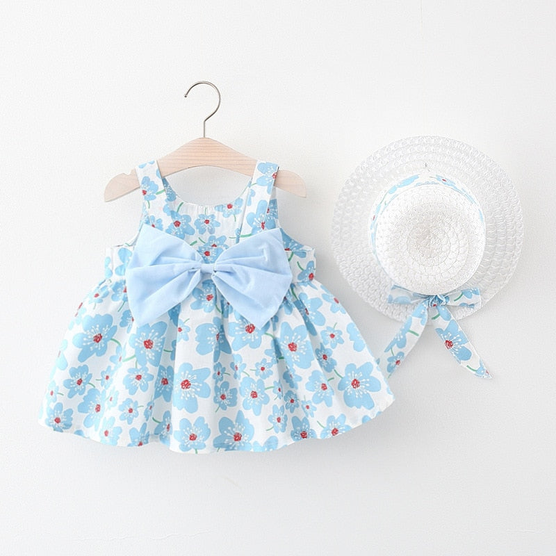 Vestido Infantil Floral e Laço + Chapéu vestido Loja Click Certo Azul 4-6 meses 