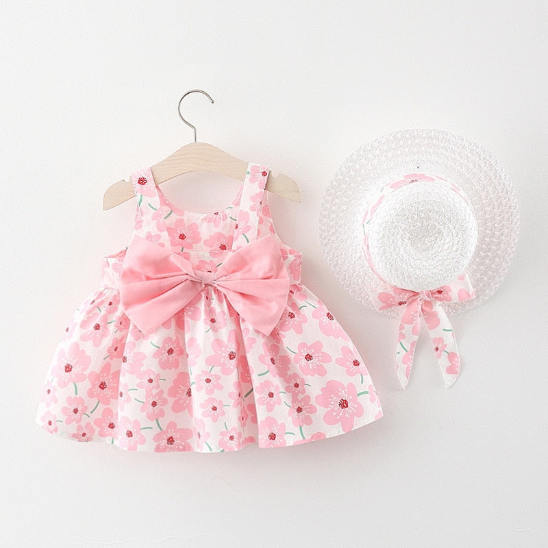 Vestido Infantil Floral e Laço + Chapéu vestido Loja Click Certo Rosa 4-6 meses 