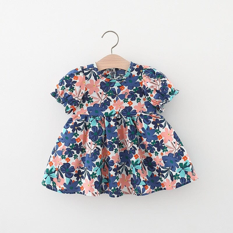 Vestido Infantil Floral e Laço Loja Click Certo Azul e Rosa 6-12 Meses 