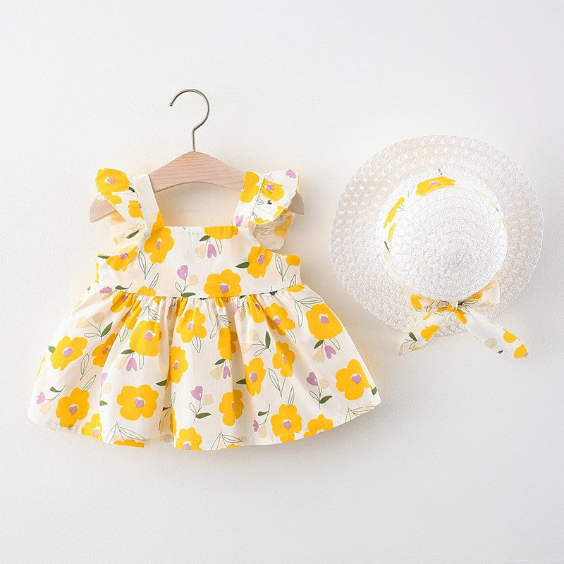 Vestido Infantil Flores + Chapéu vestido Loja Click Certo Amarelo 4-6 meses 