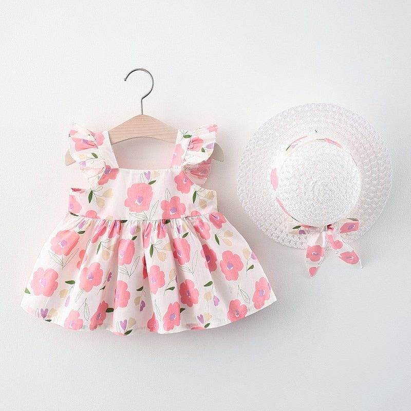 Vestido Infantil Flores + Chapéu vestido Loja Click Certo Rosa 4-6 meses 
