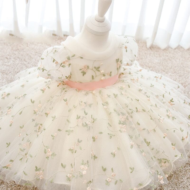 Vestido Infantil Flores e Pérolas Loja Click Certo Bege 6-12 Meses 