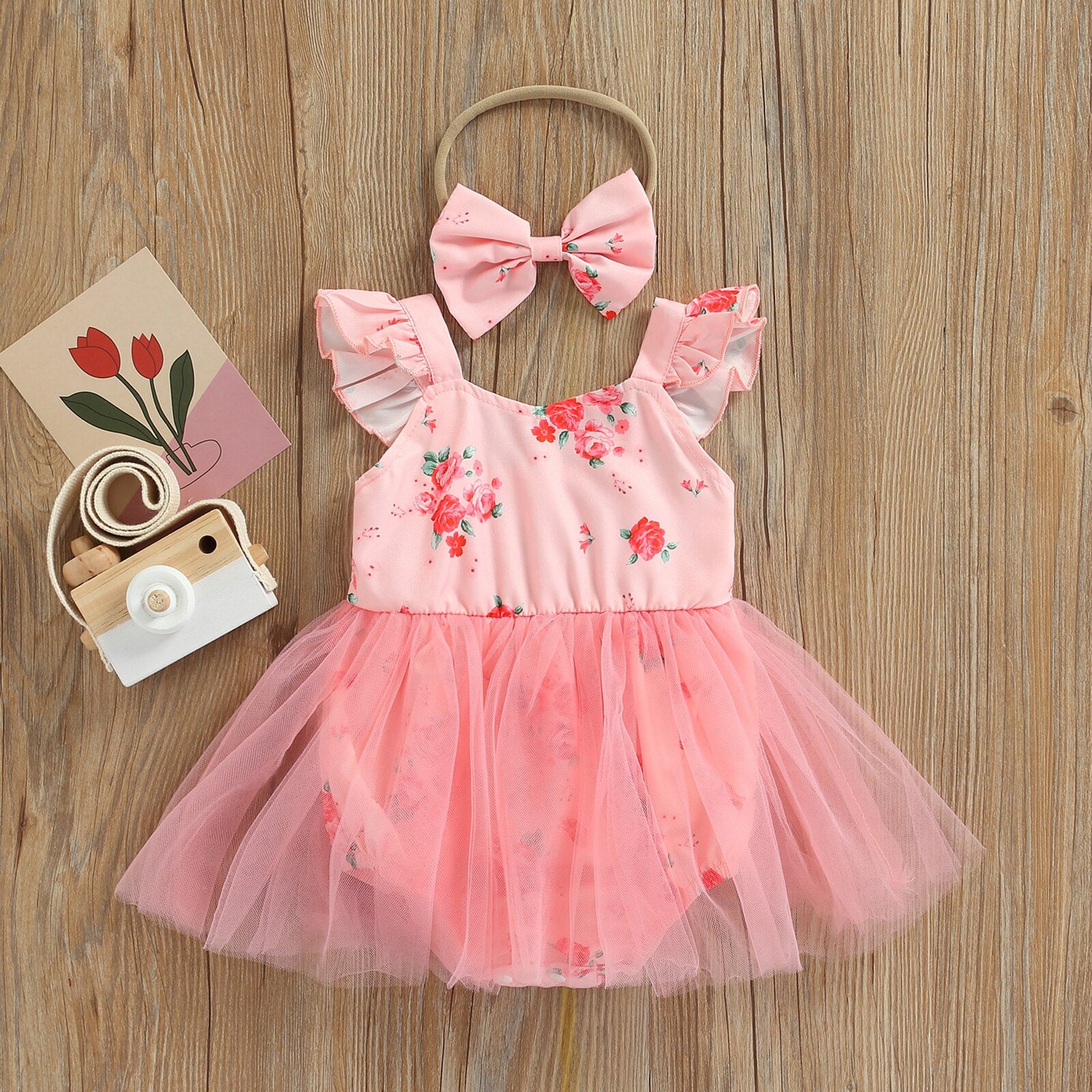 Vestido Infantil Flores e Tule + Tiara vestido Loja Click Certo Rosa 0-6 meses 39cm 