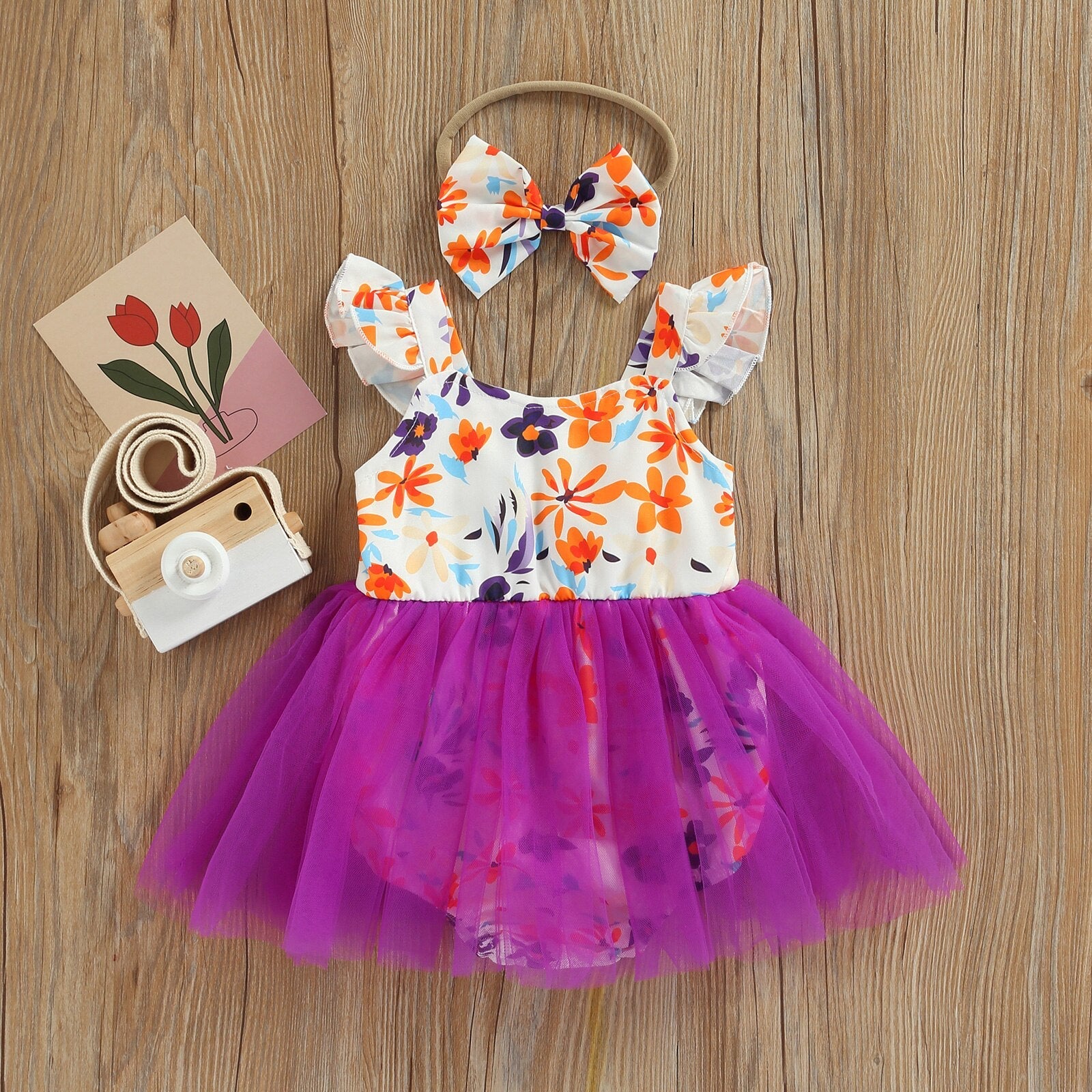 Vestido Infantil Flores e Tule + Tiara vestido Loja Click Certo Roxo 0-6 meses 39cm 