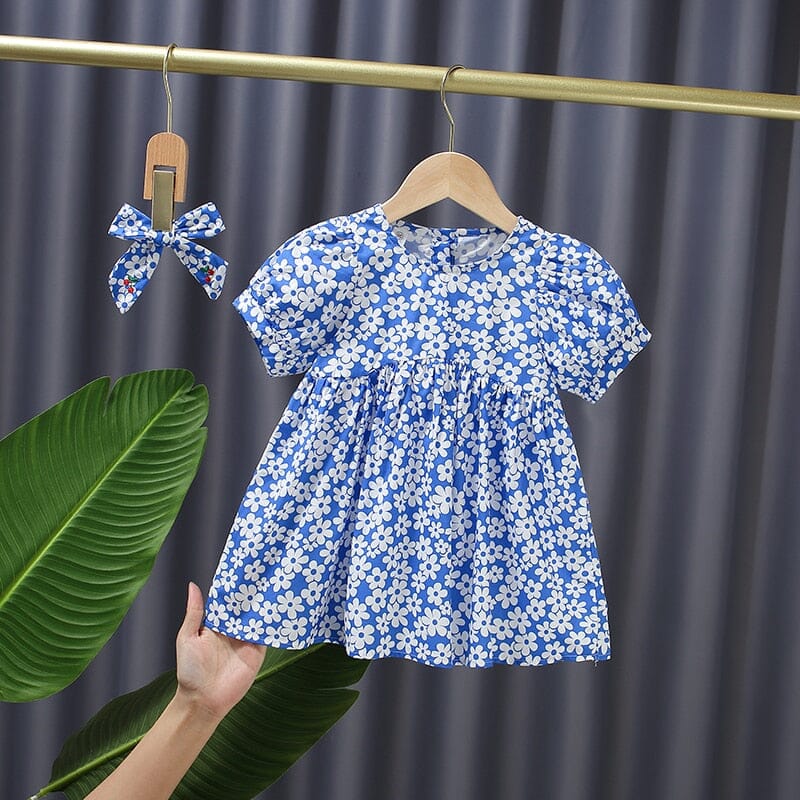 Vestido Infantil Flores + Faixa 0 Loja Click Certo Azul 1-2 Anos 