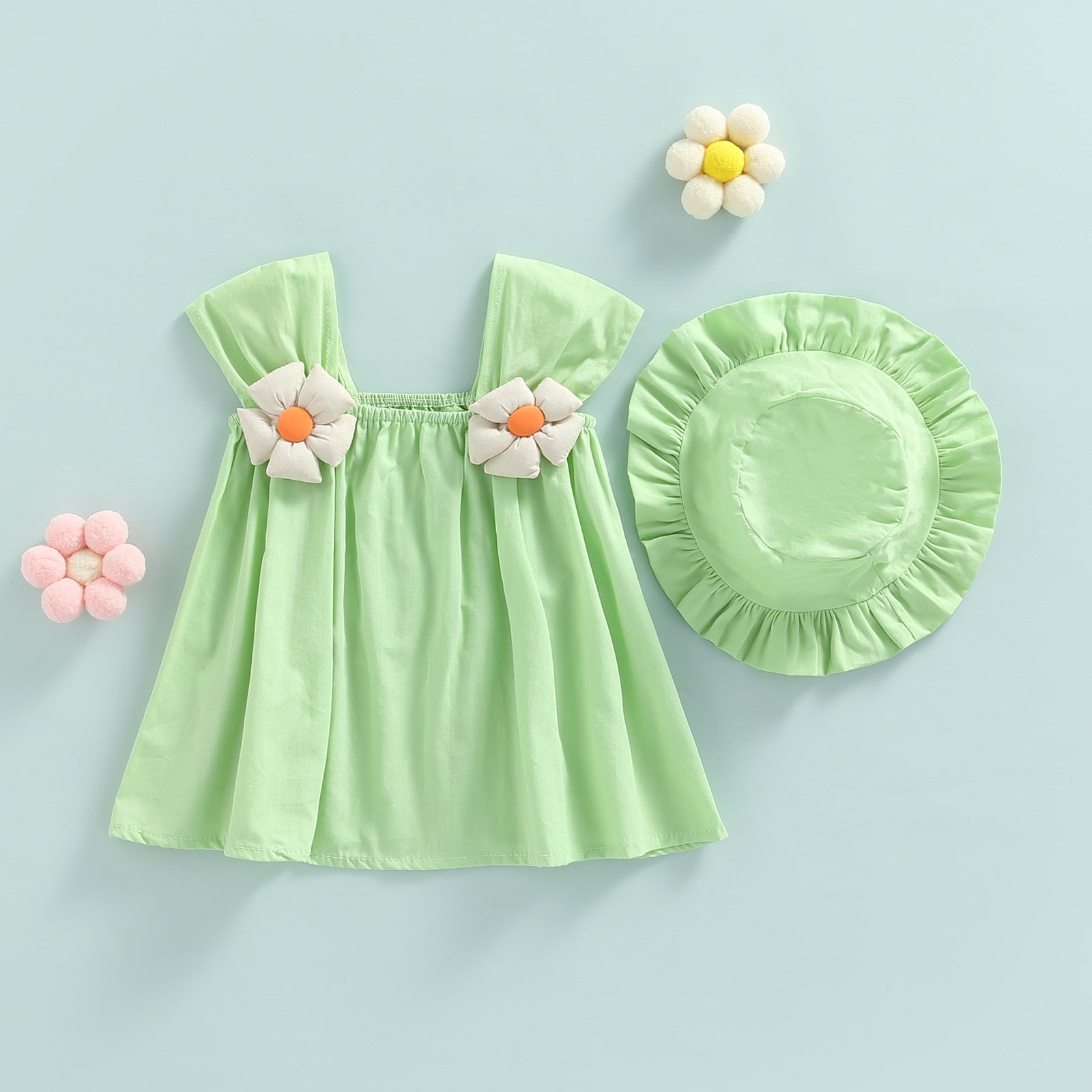 Vestido Infantil Florzinha + Chapéu vestido Loja Click Certo Verde 6-12 meses 39cm 