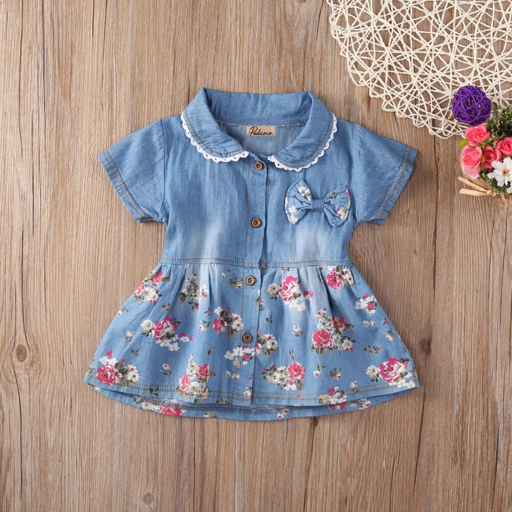 Vestido Infantil Jeans Florido vestido Loja Click Certo Azul 1-2 anos 39cm 