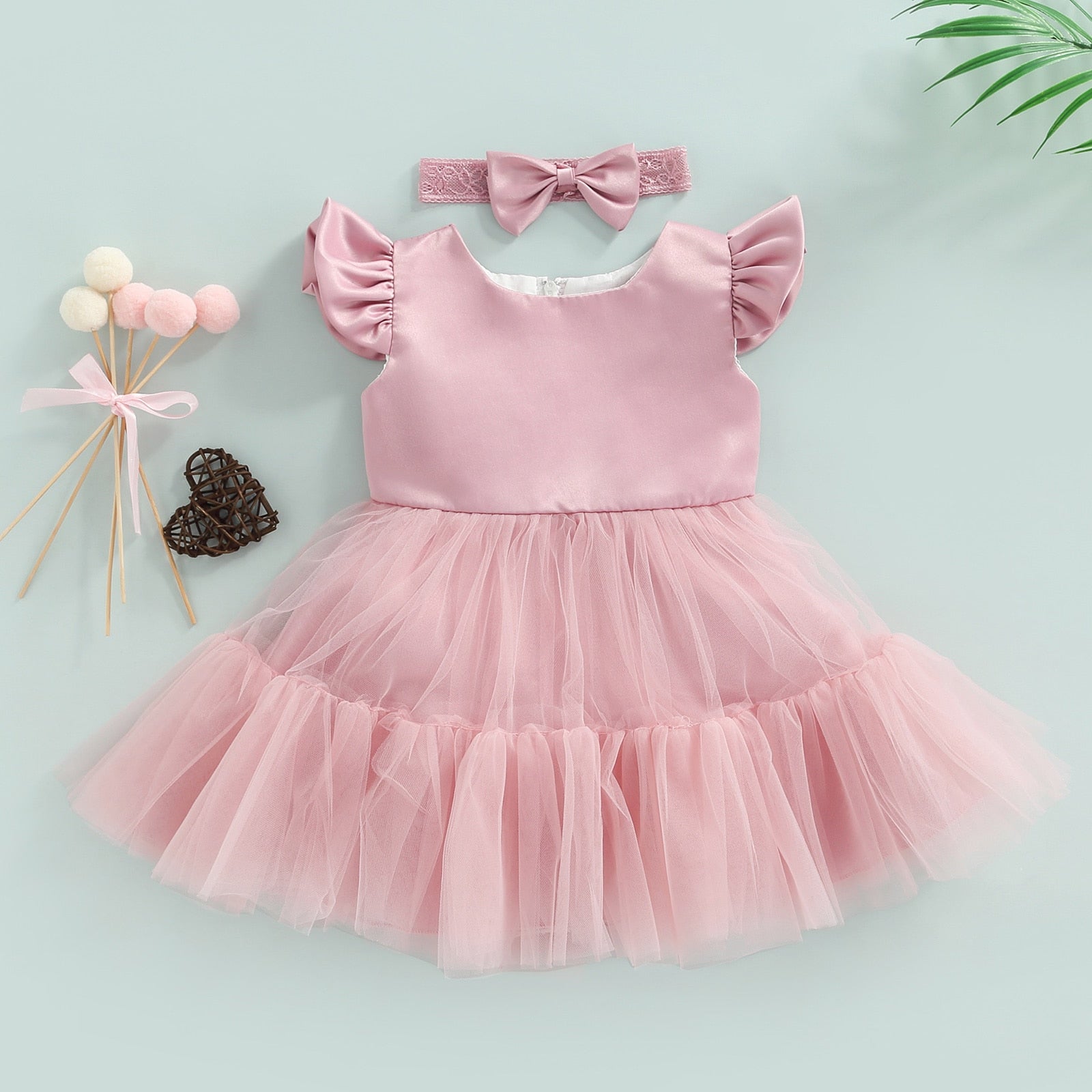 Vestido Infantil + Lacinho Tule vestido Loja Click Certo Rosa 2-3 anos 57cm 