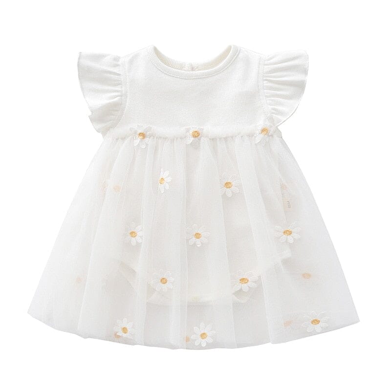 Vestido Infantil Margaridas Tule Loja Click Certo Branco 0-3 Meses 