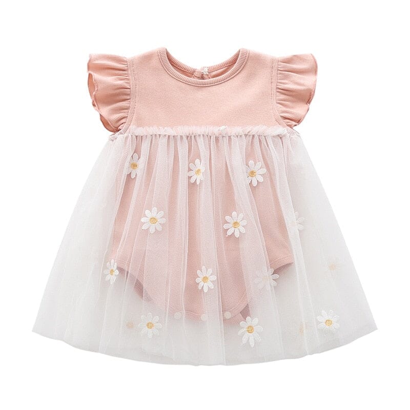 Vestido Infantil Margaridas Tule Loja Click Certo Rosa 0-3 Meses 