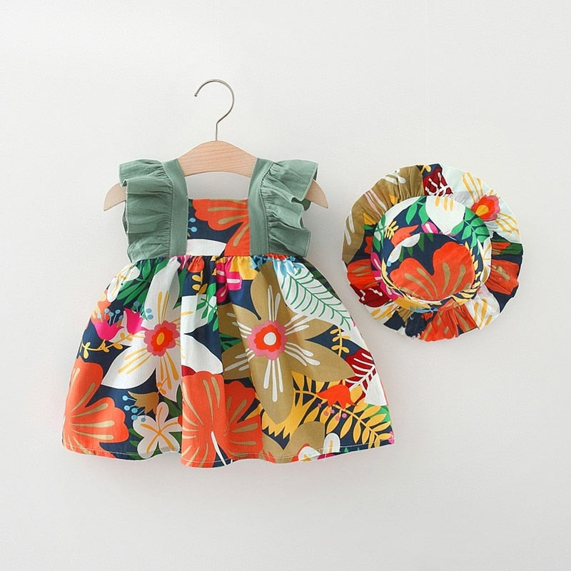 Vestido Infantil Primavera + Chapéu Loja Click Certo Verde 3-6 meses 