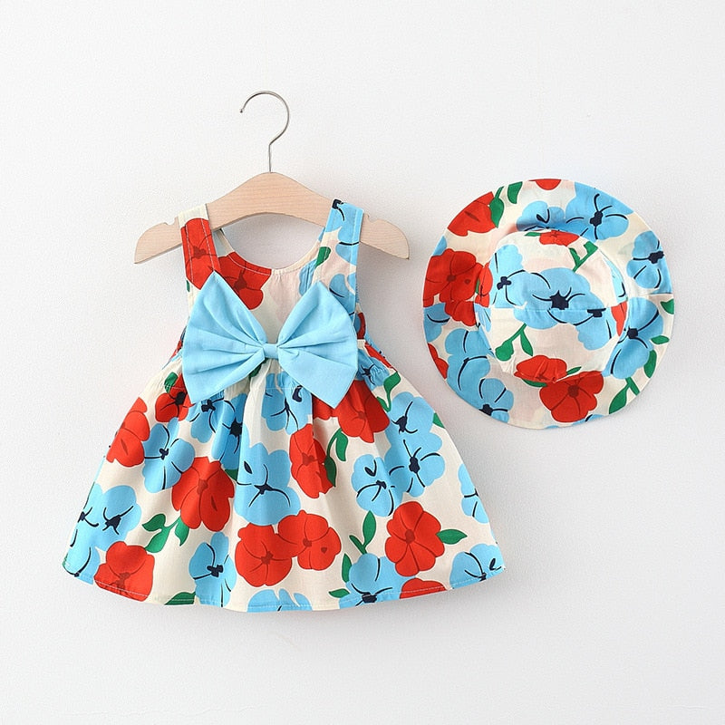 Vestido Infantil Primavera + Chapéu vestido Loja Click Certo Azul 3-6 Meses 