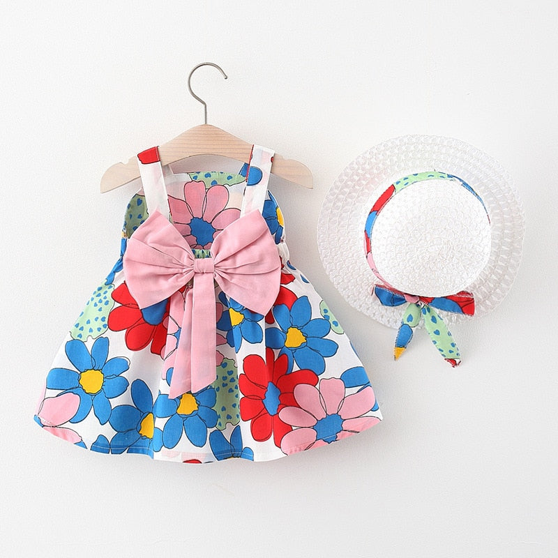 Vestido Infantil Primavera Encantada + Chapéu vestido Loja Click Certo Azul 4-6 Meses 
