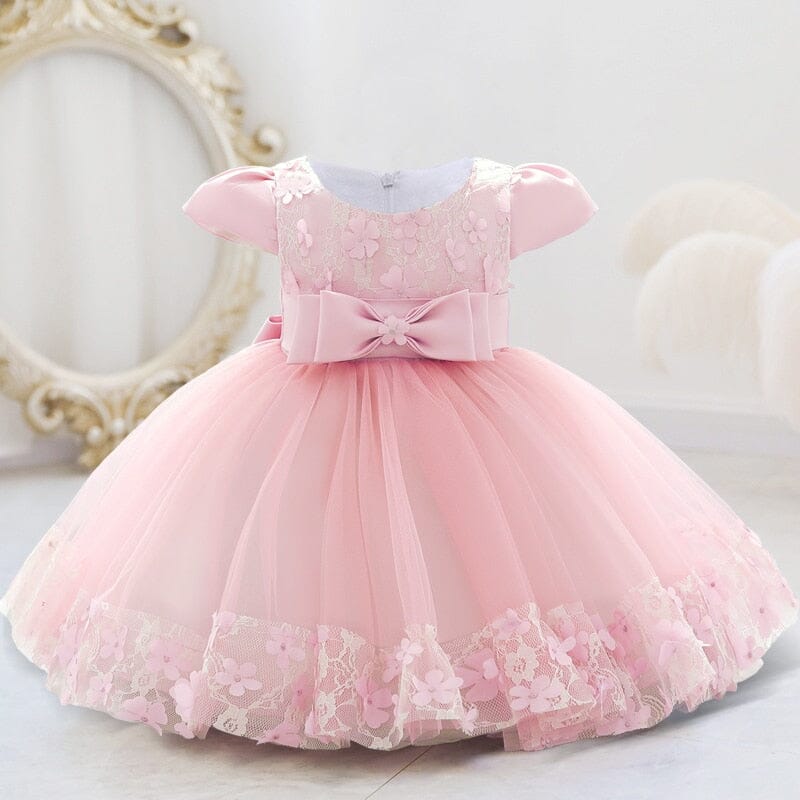 Vestido Infantil Princesa Laçinho Flores Loja Click Certo Rosa 3-6 Meses 