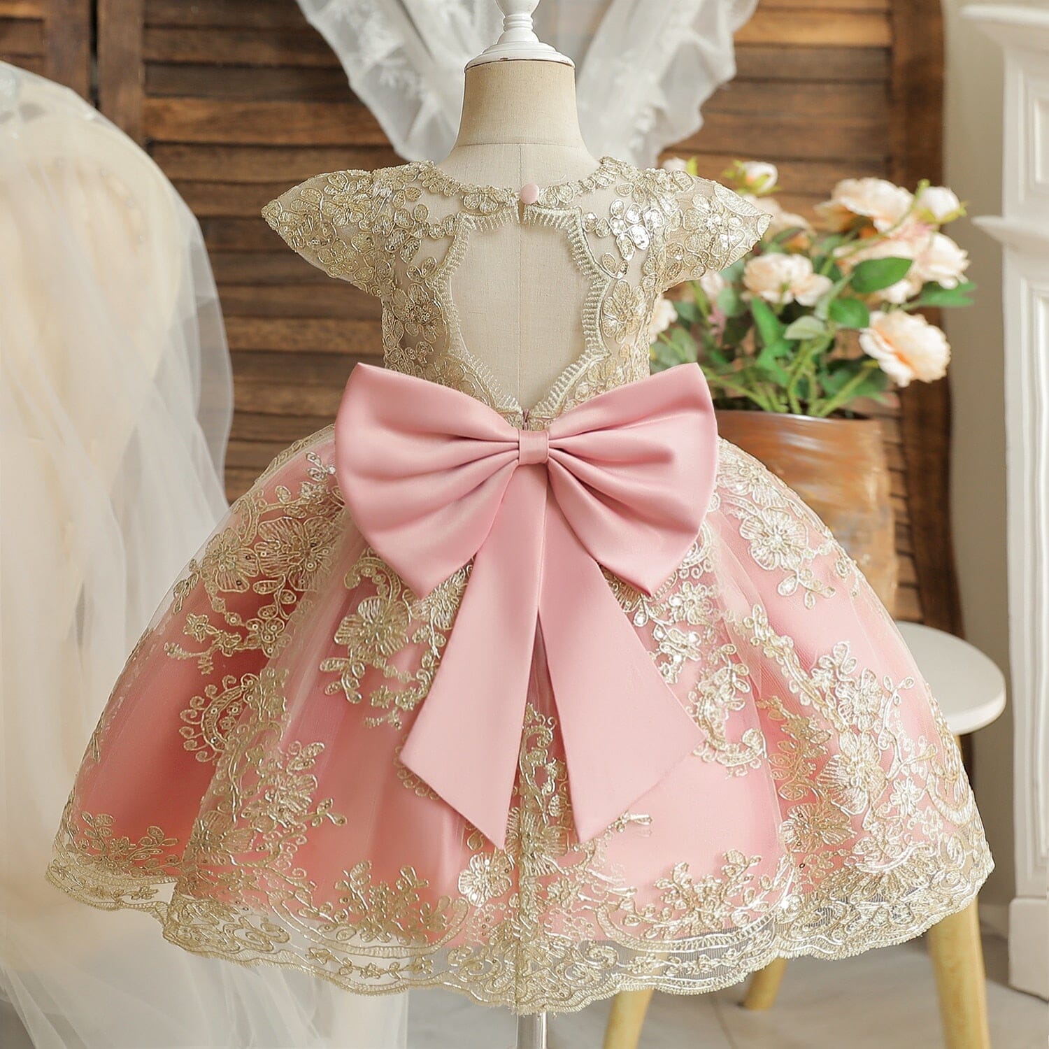 Vestido Infantil Princesa Laço Bordado Loja Click Certo 9-12 Meses Rosa 