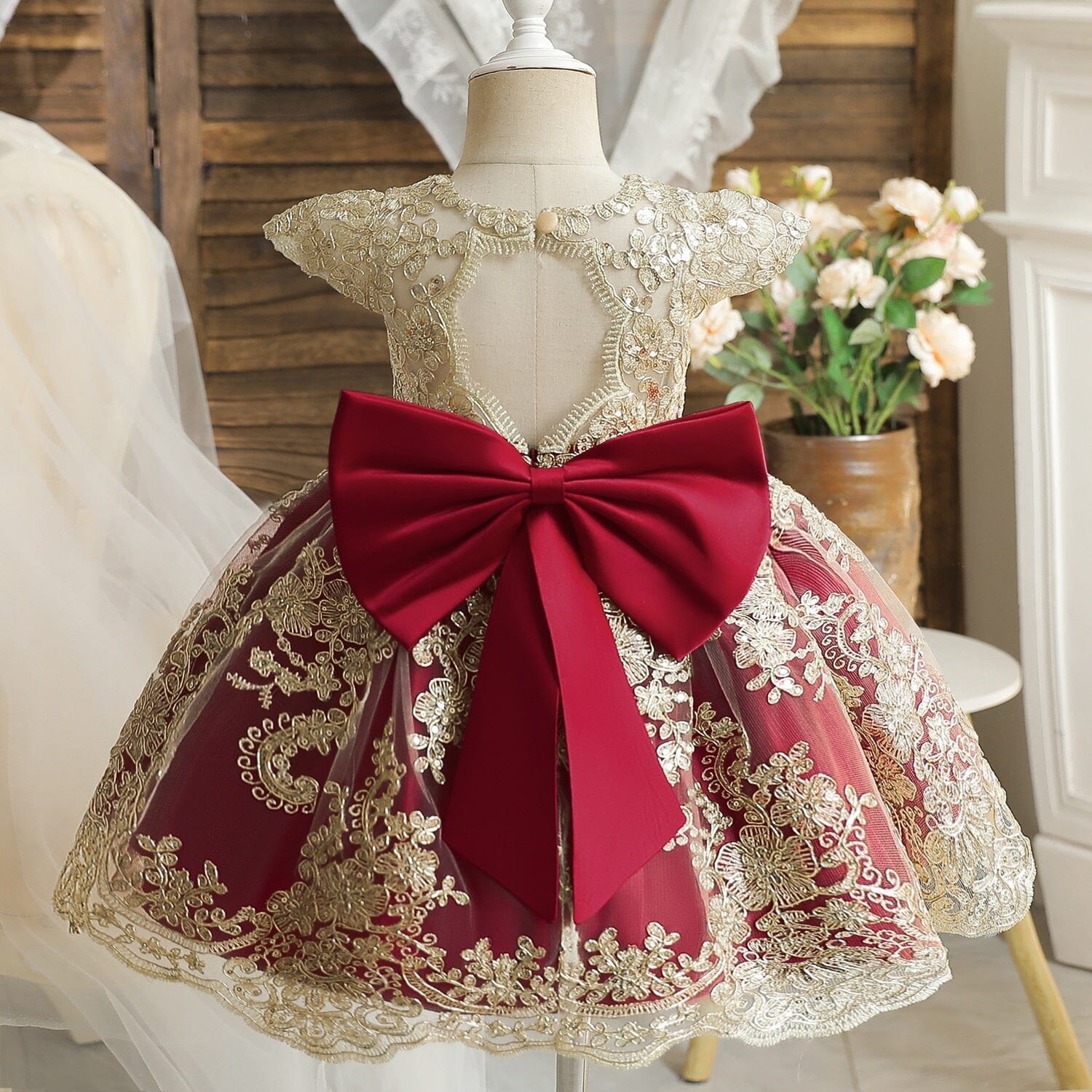 Vestido Infantil Princesa Laço Bordado Loja Click Certo 9-12 Meses Vermelho 