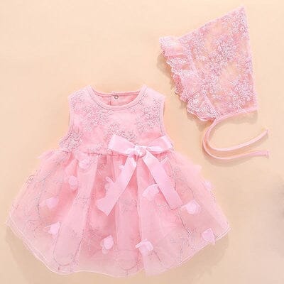 Vestido Infantil Renda e Detalhes + Touca Loja Click Certo Rosa 0-3 Meses 